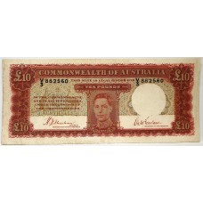 AUSTRALIA 1940 . TEN POUNDS BANKNOTE . SHEEHAN/McFARLANE . FIRST PREFIX V3